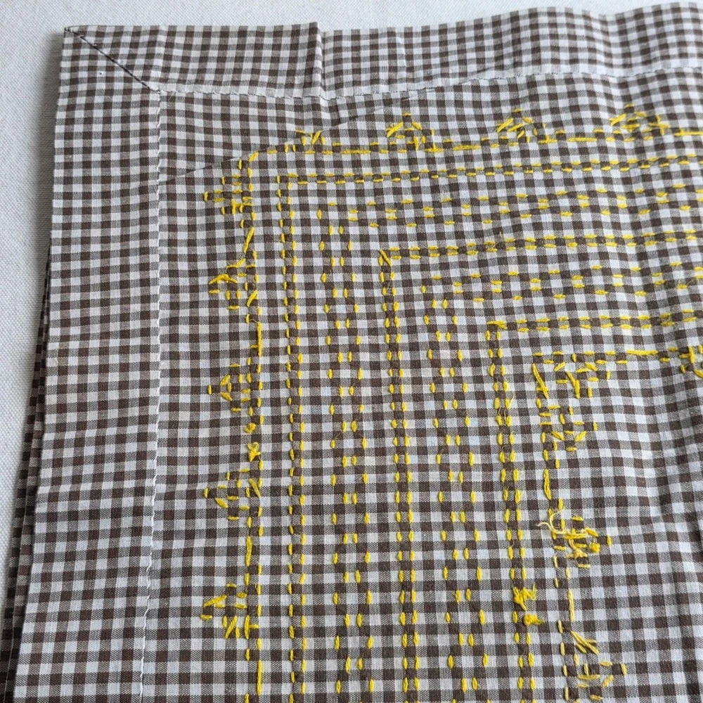 Vintage Brown Gingham Hand Embroidered Yellow Cross Stitch Tablecloth 32x31